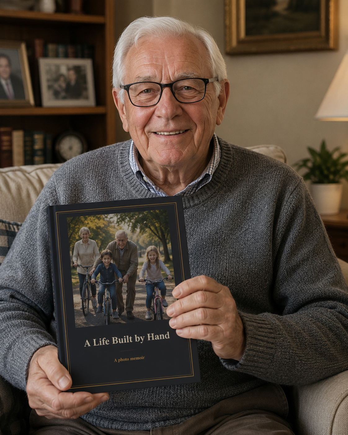 A grandfather smiling with a photo memoir hardcover