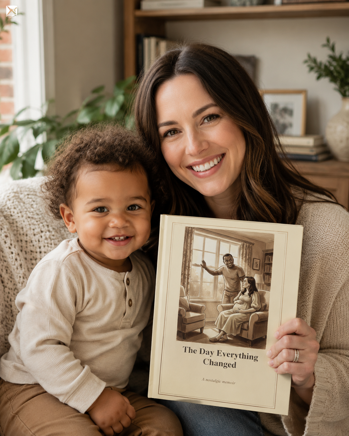 A mother and her young son holding a warm memoir storybook