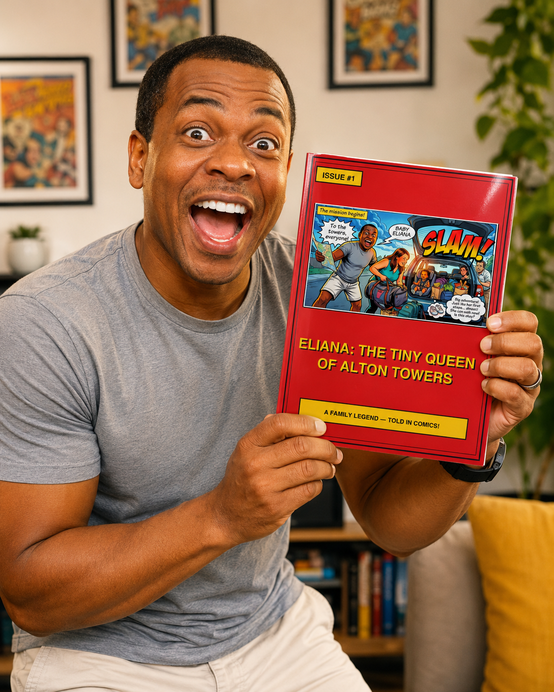 A dad grinning while showing a superhero comic-book storybook
