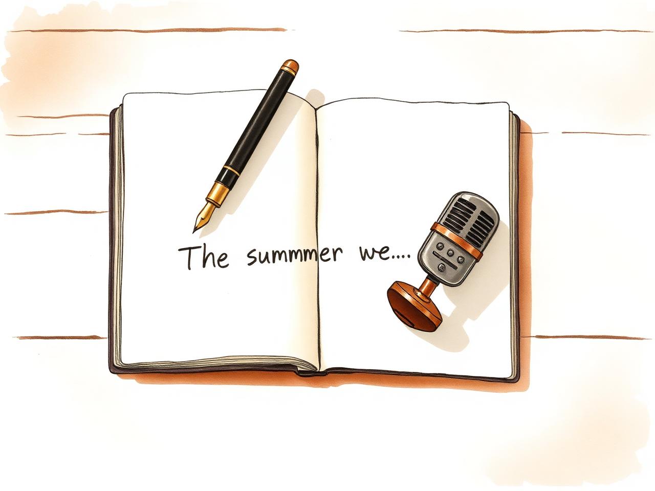 An open notebook with a pen and a small microphone, a handwritten line trailing off across the page